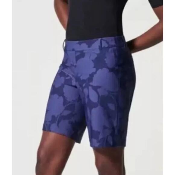 Spanx Navy Floral Print Bermuda Pull On Shorts Women's Size M 10" NWOT - Picture 1 of 6